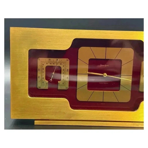 Vintage Swiss Gold Brass Neiman Marcus Mantel Clock - Berometer & Thermometer - Picture 4 of 9